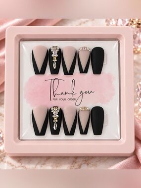 NEW! Custom Matte Black & Blush Acrylic Nails with Crystal Accents